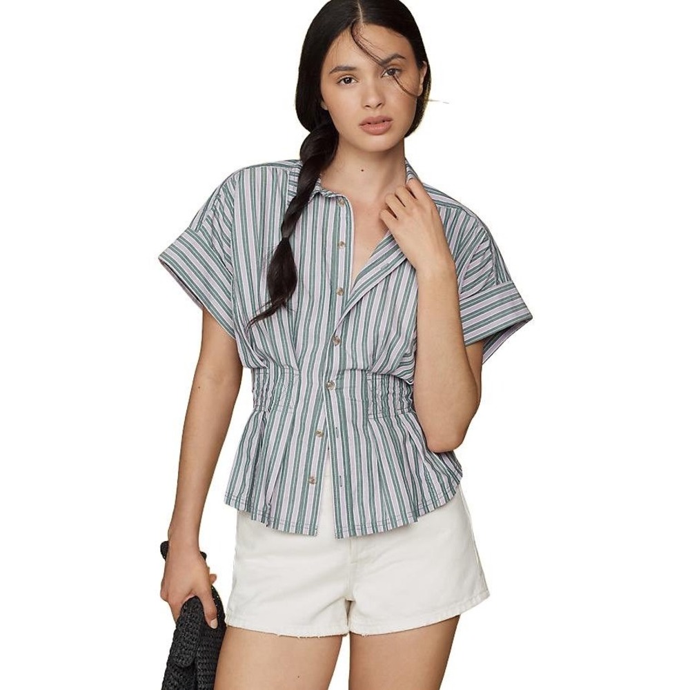 Pilcro Anthropologie Green Purple Striped Cinched Waist Cotton Shirt Large